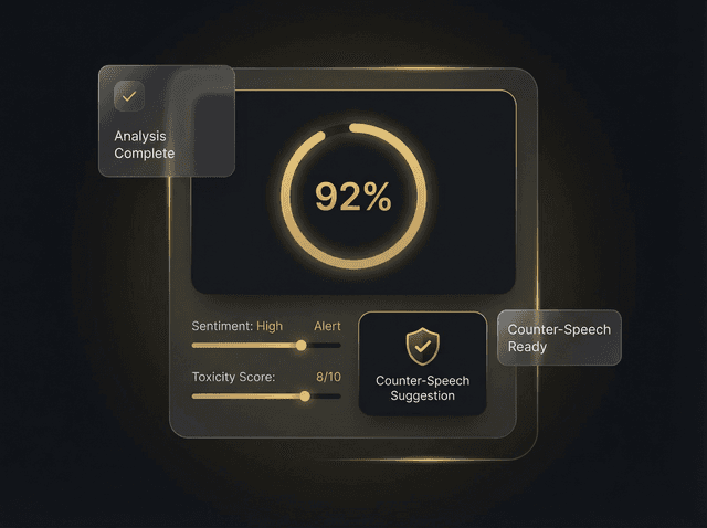 AI analysis interface showing antisemitism score and counter-speech tools