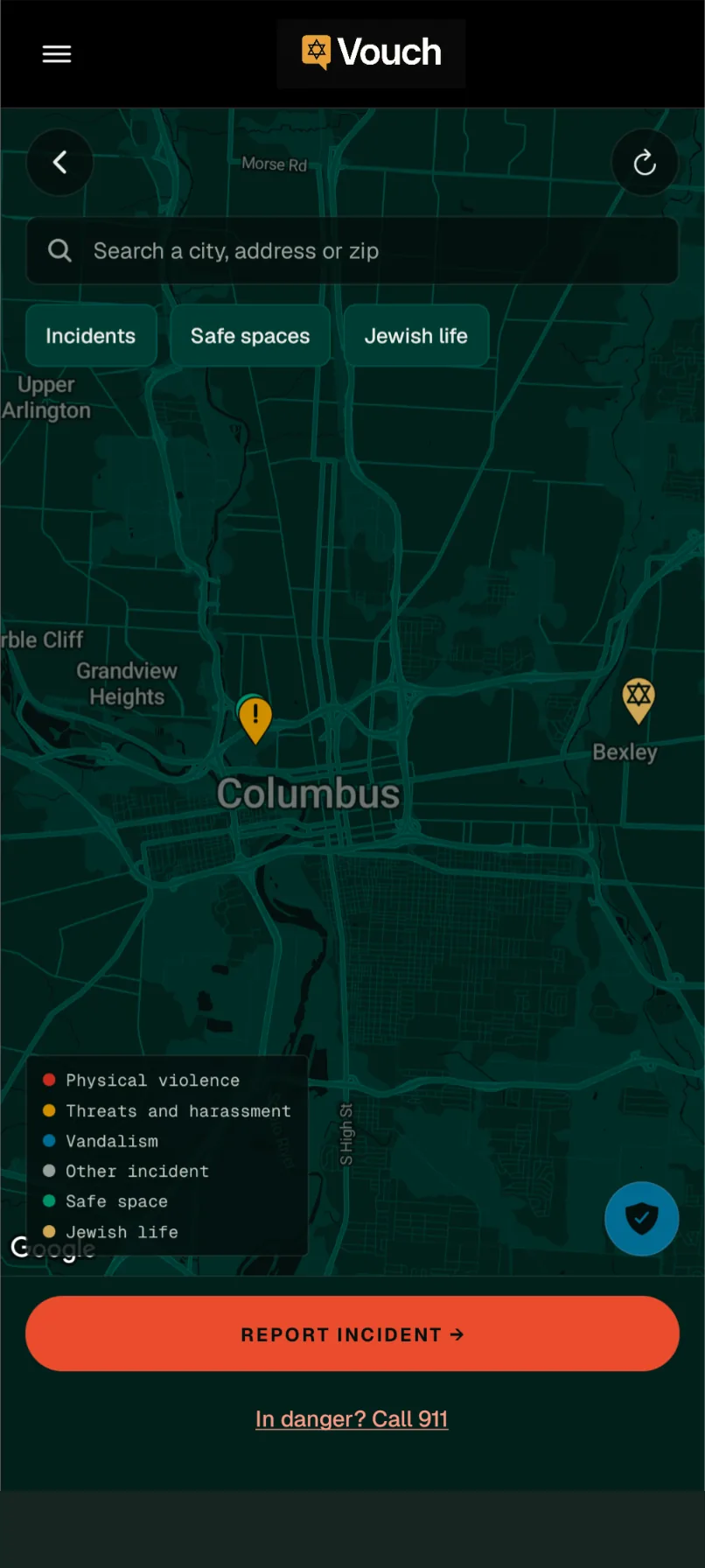 Community map with incident and Jewish life pins, layer filters, and a report button