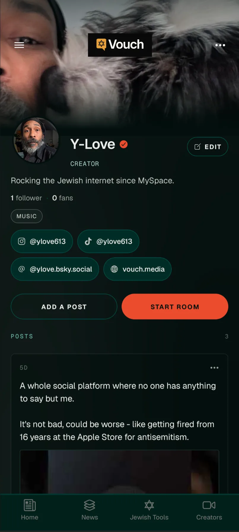 Vouch creator profile showing verified badge, social links, posts, and a start room button