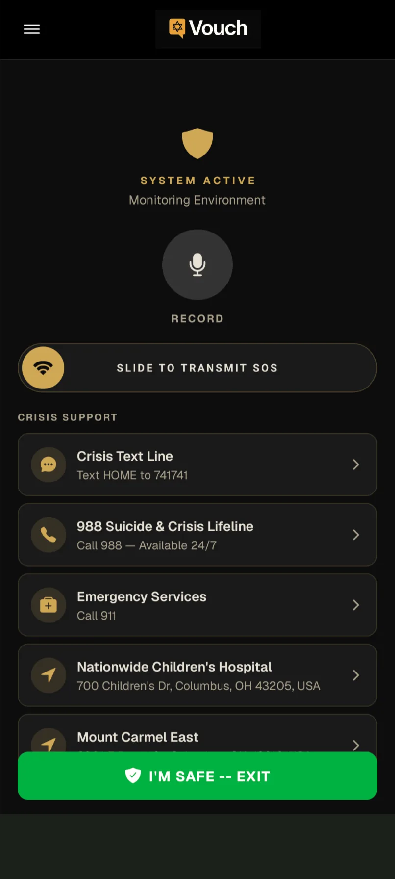 Crisis mode screen with SOS slider, crisis support lines, and nearby hospitals