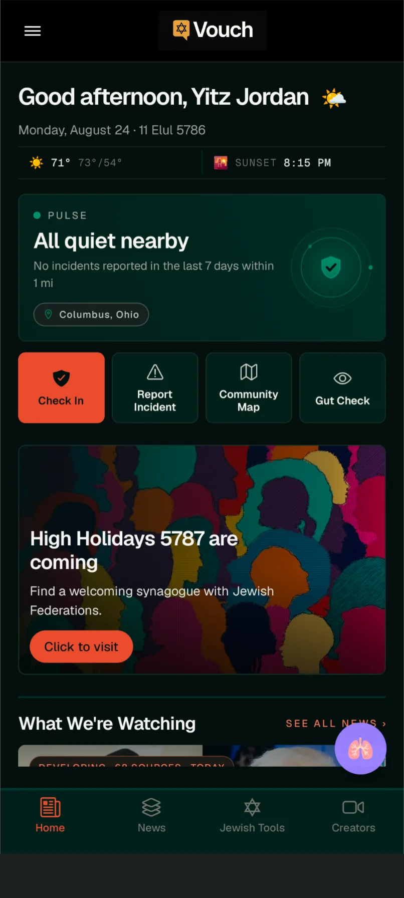 Vouch home screen showing the Pulse status card and check in, report, and map buttons
