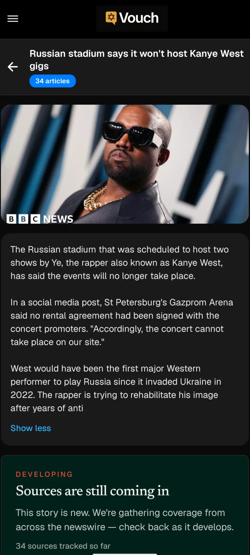 News story showing its article count and a notice that sources are still coming in
