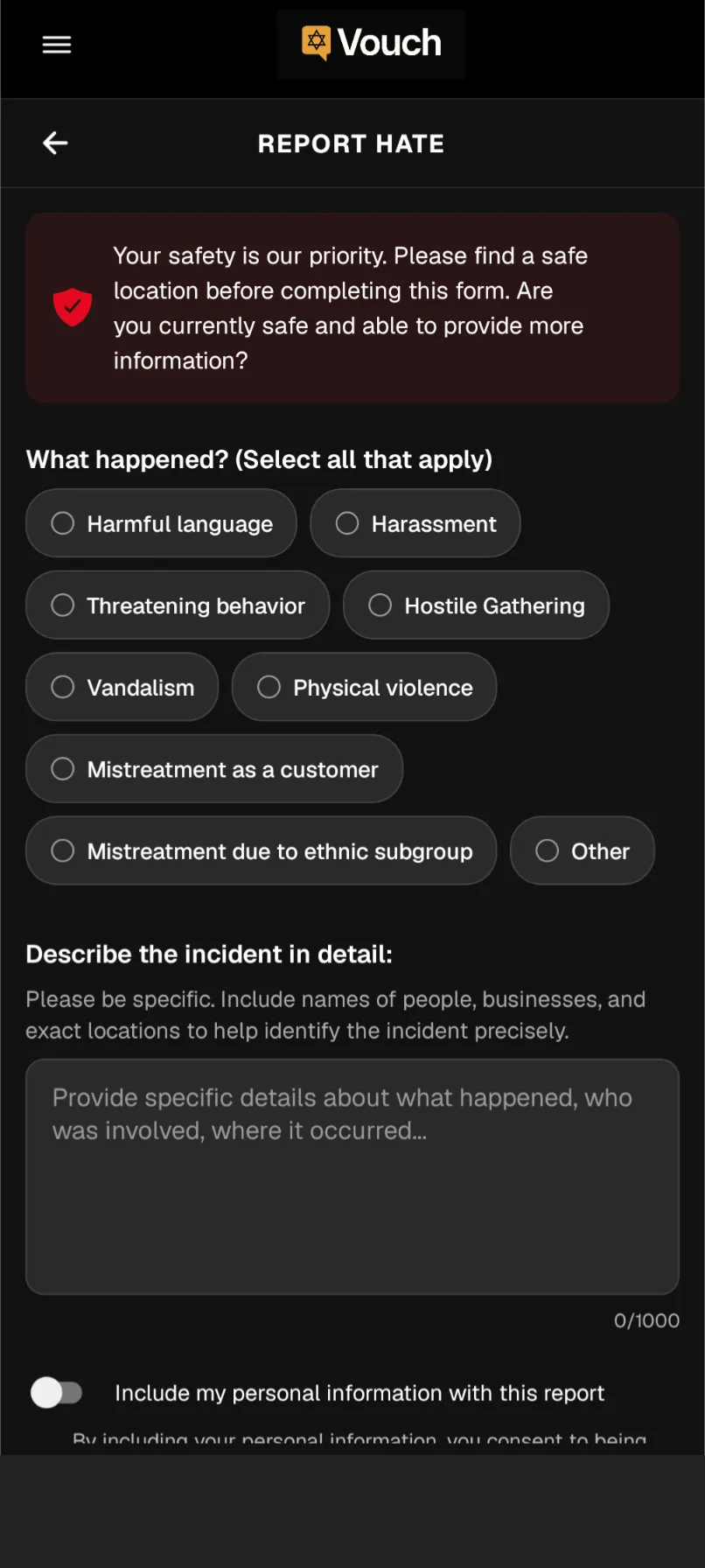 Report hate form asking if you're safe, with incident type options and a details box